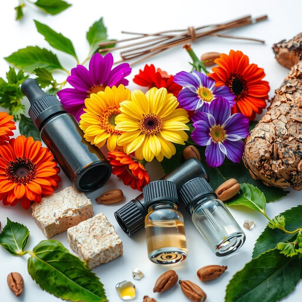 A vibrant collage of various botanical ingredients like herbs, flowers, and essential oils, arranged aesthetically.