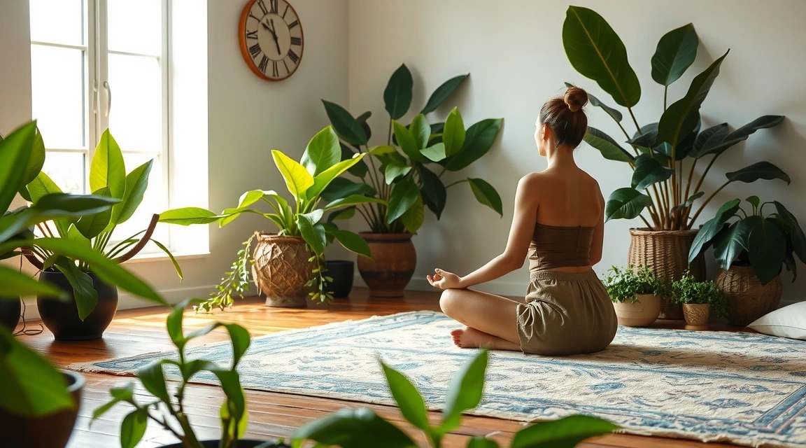 A person meditating calmly amidst lush green plants, representing stress relief through adaptogens.