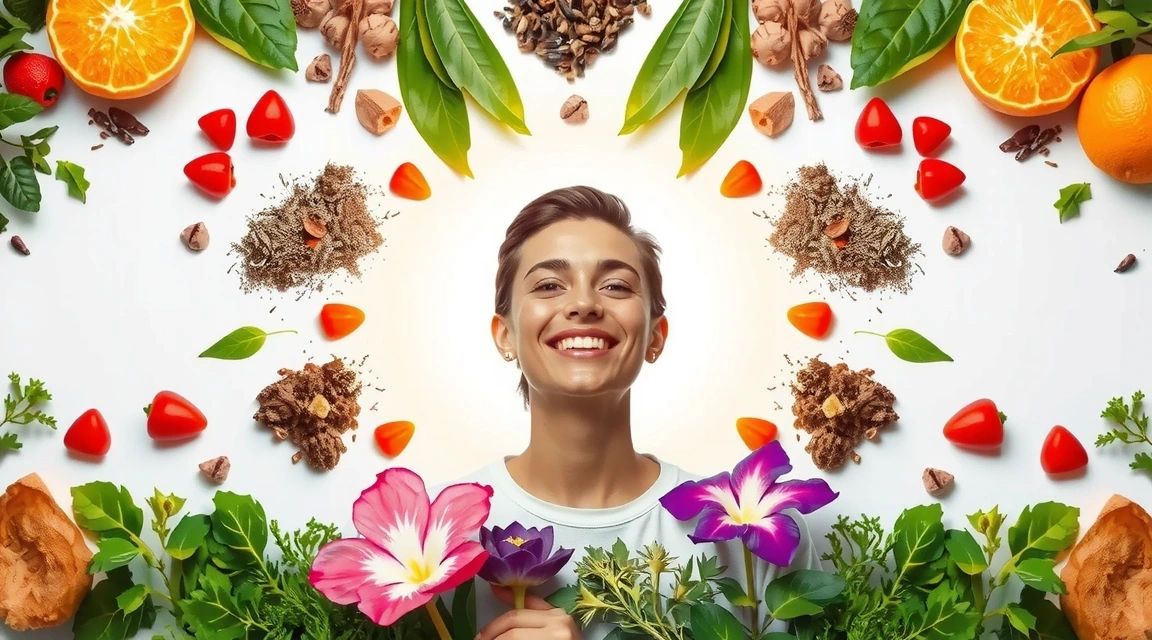 A person joyfully embracing a personalized wellness journey with diverse botanical elements and a glowing aura, representing health and vitality.