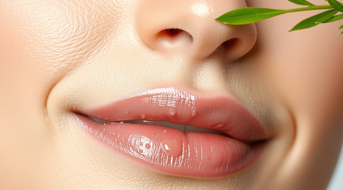 Close-up of a person's glowing, hydrated skin with water droplets and subtle botanical elements, symbolizing natural hydration.