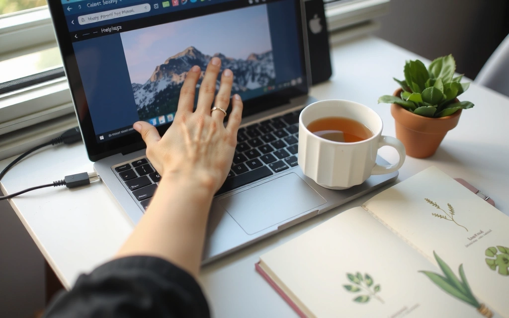 A person typing on a laptop with a cup of herbal tea and plants on the desk, illustrating communication and natural wellness.