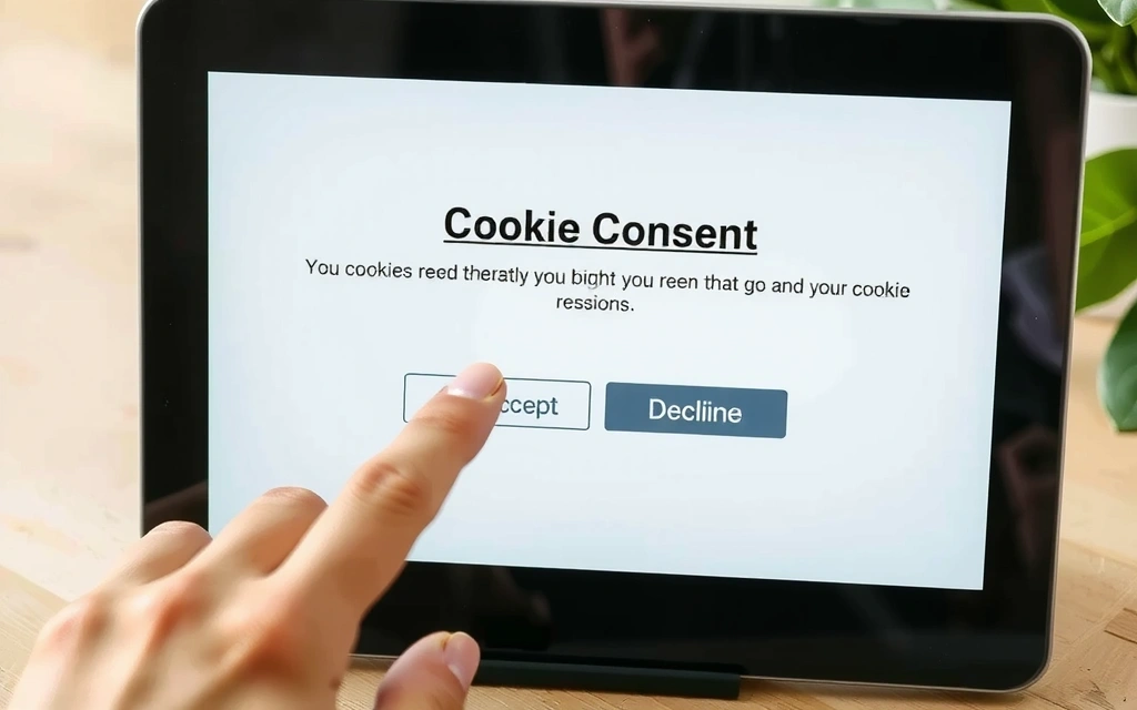 Person's hand interacting with a digital cookie consent pop-up on a tablet, with natural, glowing light.